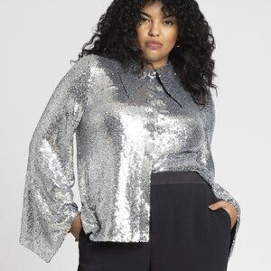 ELOQUII Silver Flare Sleeve Sequin Button Down - US 18/20